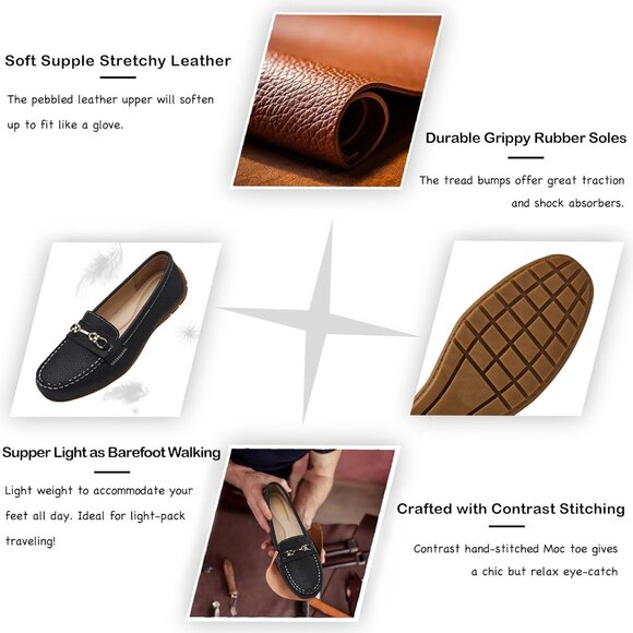 Kordal Women's Black Leather Gold Accent Buckle Slip-Ons Walking Flats Loafers - Picture 3 of 9